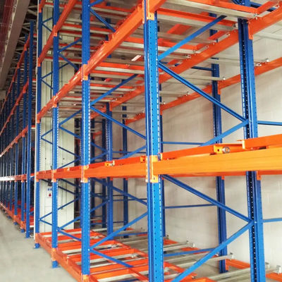 Sistema de estantería de acero de empuje hacia atrás para almacenamiento en almacén Diseño de seguridad de ferrocarril inclinado